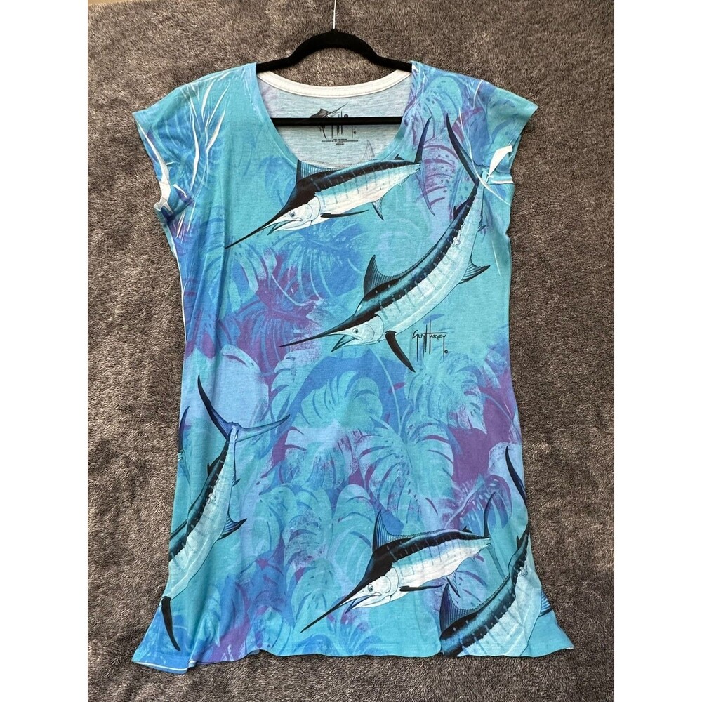 Guy Harvey Womens XL Tropical Marlin T Shirt Dress Cover-up Blue Fish Print